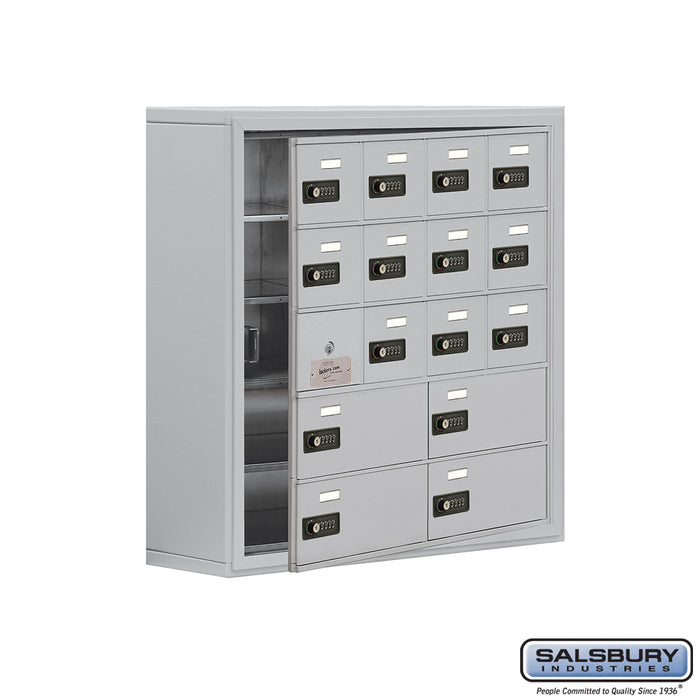 Salsbury Surface Mounted Cell Phone Locker with 12 A Doors (11 usable) 4 B Doors in Aluminum - Resettable Combination Locks - Sweatfully