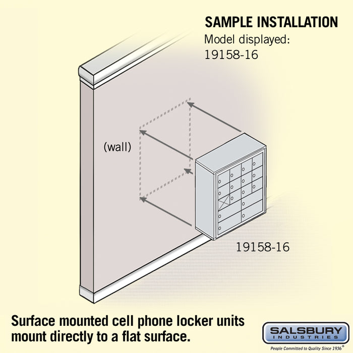 Salsbury Surface Mounted Cell Phone Locker with 12 A Doors (11 usable) 4 B Doors in Aluminum - Keyed Locks - Sweatfully