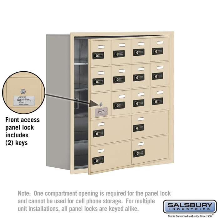 Salsbury Recessed Mounted Cell Phone Storage Locker with 12 A Doors (11 usable) 4 B Doors in Sandstone -Resettable Combination Locks - Sweatfully