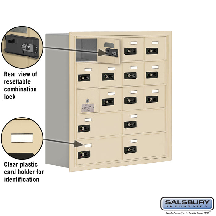 Salsbury Recessed Mounted Cell Phone Storage Locker with 12 A Doors (11 usable) 4 B Doors in Sandstone -Resettable Combination Locks - Sweatfully