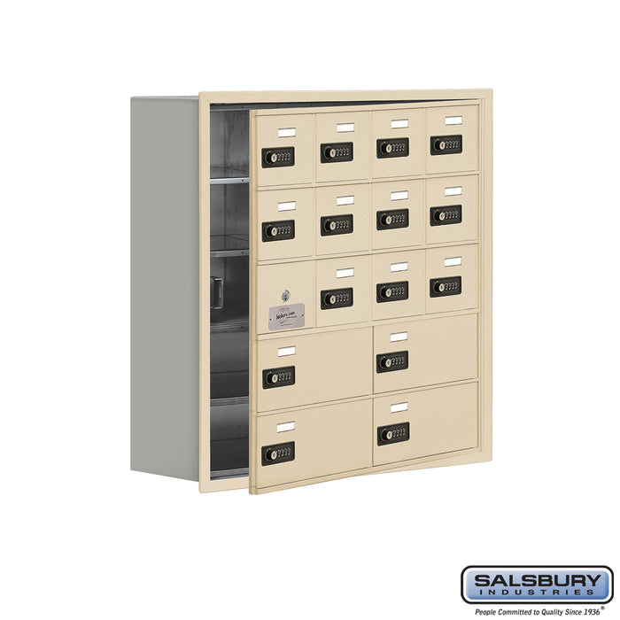 Salsbury Recessed Mounted Cell Phone Storage Locker with 12 A Doors (11 usable) 4 B Doors in Sandstone -Resettable Combination Locks - Sweatfully