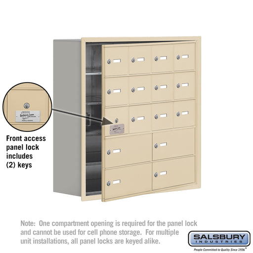 Salsbury Recessed Mounted Cell Phone Locker with 12 A Doors (11 usable) 4 B Doors in Sandstone - Keyed Locks - Sweatfully