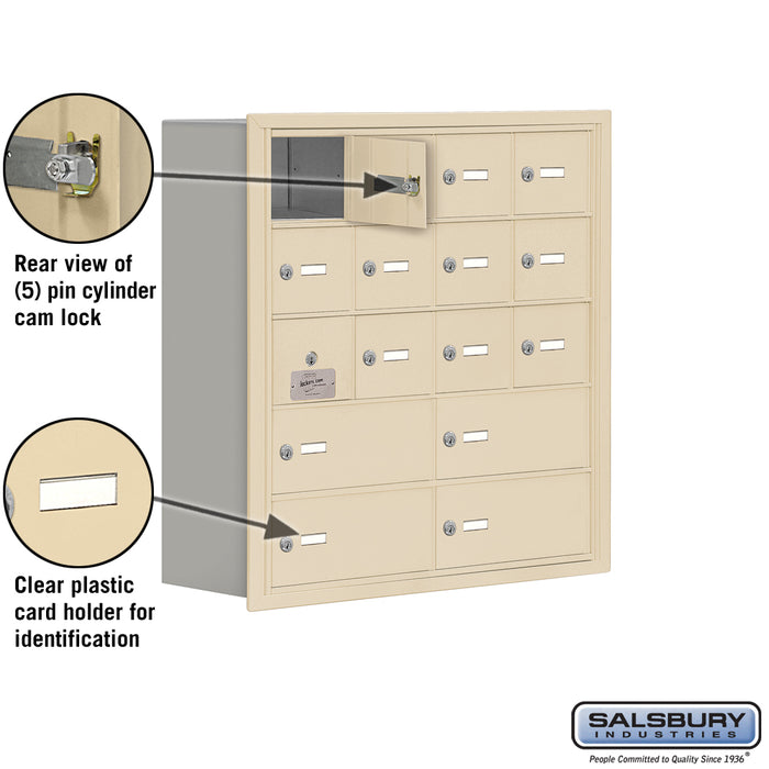 Salsbury Recessed Mounted Cell Phone Locker with 12 A Doors (11 usable) 4 B Doors in Sandstone - Keyed Locks - Sweatfully