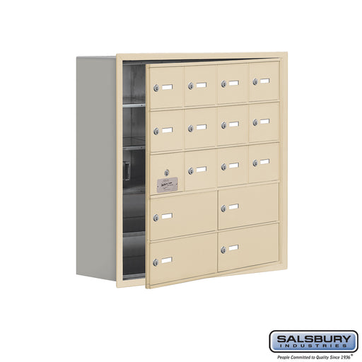Salsbury Recessed Mounted Cell Phone Locker with 12 A Doors (11 usable) 4 B Doors in Sandstone - Keyed Locks - Sweatfully