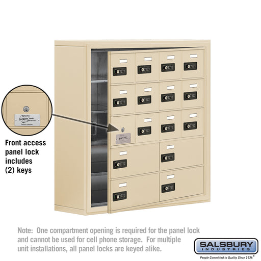 Salsbury Surface Mounted Cell Phone Locker with 12 A Doors (11 usable) 4 B Doors in Sandstone - Resettable Combination Locks - Sweatfully