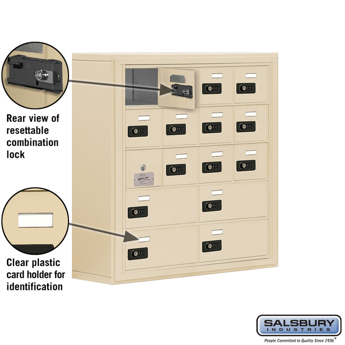 Salsbury Surface Mounted Cell Phone Locker with 12 A Doors (11 usable) 4 B Doors in Sandstone - Resettable Combination Locks - Sweatfully