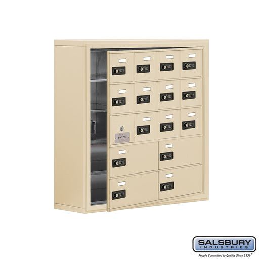Salsbury Surface Mounted Cell Phone Locker with 12 A Doors (11 usable) 4 B Doors in Sandstone - Resettable Combination Locks - Sweatfully