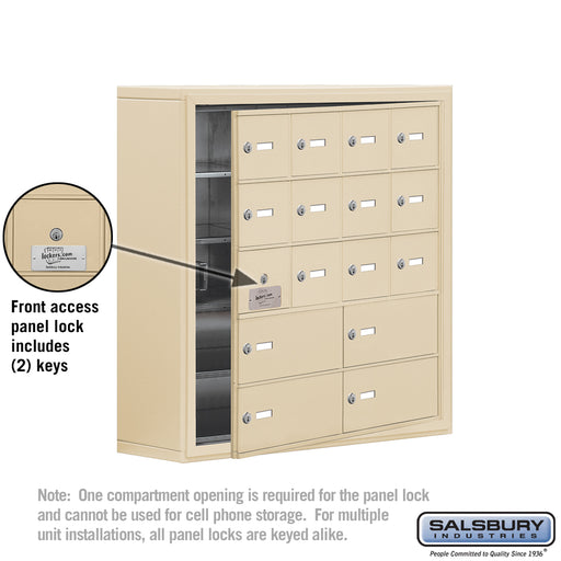 Salsbury Surface Mounted Cell Phone Locker with 12 A Doors (11 usable) 4 B Doors in Sandstone - Keyed Locks - Sweatfully