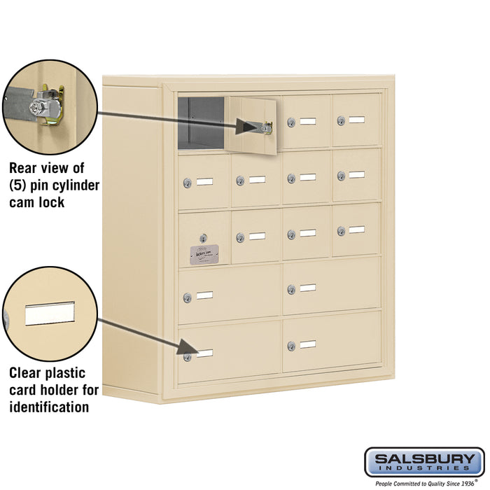 Salsbury Surface Mounted Cell Phone Locker with 12 A Doors (11 usable) 4 B Doors in Sandstone - Keyed Locks - Sweatfully