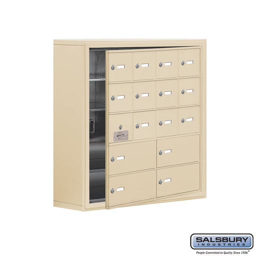 Salsbury Surface Mounted Cell Phone Locker with 12 A Doors (11 usable) 4 B Doors in Sandstone - Keyed Locks - Sweatfully