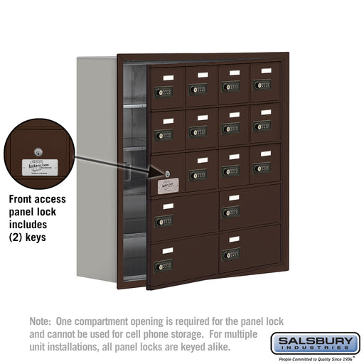 Salsbury Recessed Mounted Cell Phone Storage Locker with 12 A Doors (11 usable) 4 B Doors in Bronze - Resettable Combination Locks - Sweatfully