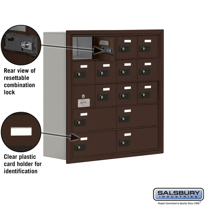 Salsbury Recessed Mounted Cell Phone Storage Locker with 12 A Doors (11 usable) 4 B Doors in Bronze - Resettable Combination Locks - Sweatfully