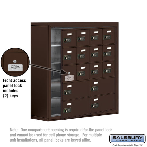 Salsbury Surface Mounted Cell Phone Locker with 12 A Doors (11 usable) 4 B Doors in Bronze - Resettable Combination Locks - Sweatfully