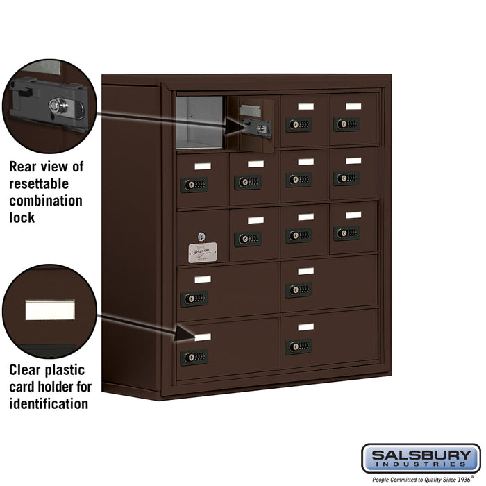 Salsbury Surface Mounted Cell Phone Locker with 12 A Doors (11 usable) 4 B Doors in Bronze - Resettable Combination Locks - Sweatfully