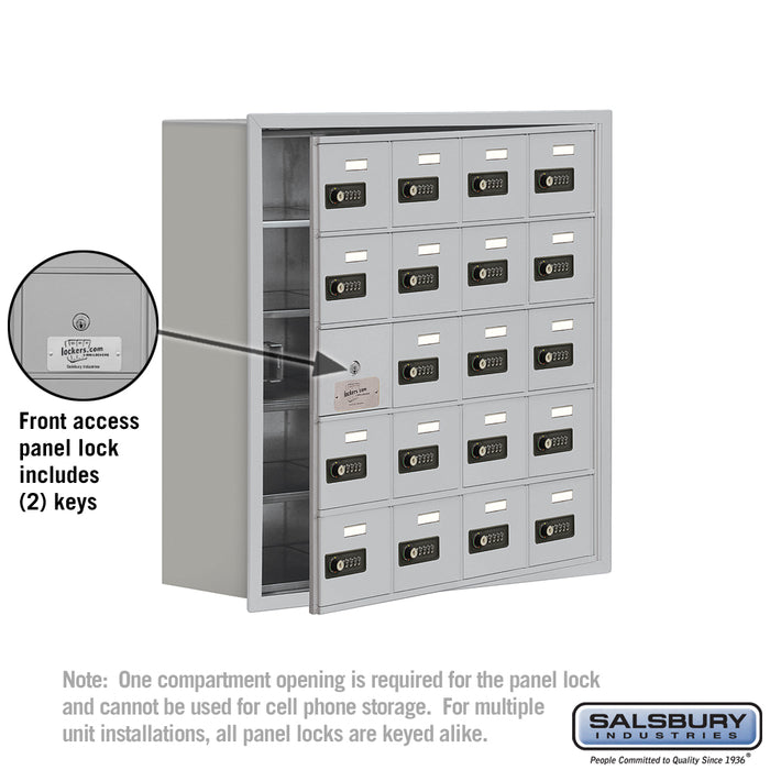 Salsbury Recessed Mounted Cell Phone Storage Locker with 20 A Doors (19 usable) in Aluminum - Resettable Combination Locks - Sweatfully