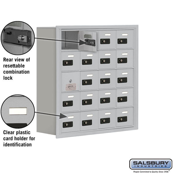 Salsbury Recessed Mounted Cell Phone Storage Locker with 20 A Doors (19 usable) in Aluminum - Resettable Combination Locks - Sweatfully