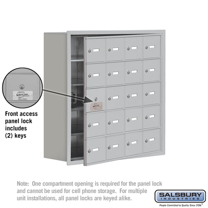 Salsbury Recessed Mounted Cell Phone Storage Locker with 20 A Doors (19 usable) in Aluminum - Keyed Locks - Sweatfully