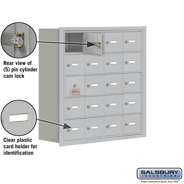 Salsbury Recessed Mounted Cell Phone Storage Locker with 20 A Doors (19 usable) in Aluminum - Keyed Locks - Sweatfully