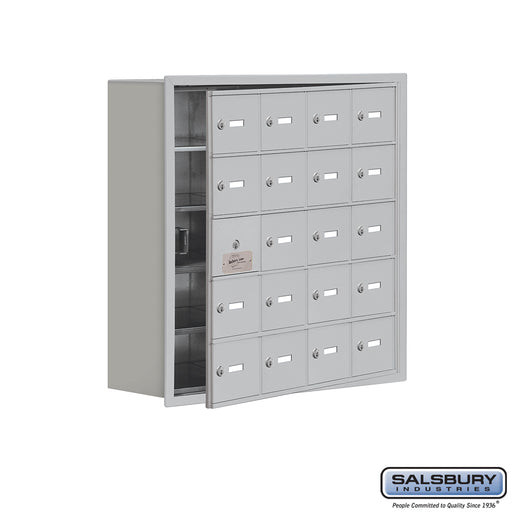 Salsbury Recessed Mounted Cell Phone Storage Locker with 20 A Doors (19 usable) in Aluminum - Keyed Locks - Sweatfully
