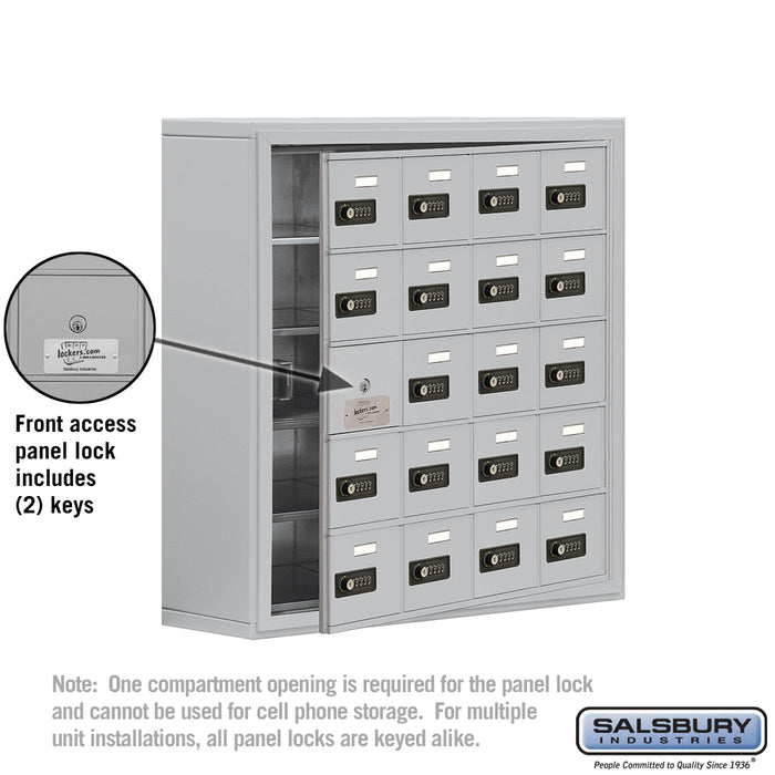 Salsbury Surface Mounted Cell Phone Storage Locker with 20 A Doors (19 usable) in Aluminum - Resettable Combination Locks - Sweatfully