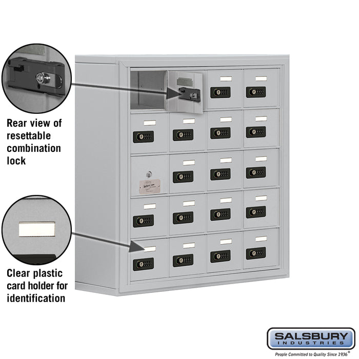 Salsbury Surface Mounted Cell Phone Storage Locker with 20 A Doors (19 usable) in Aluminum - Resettable Combination Locks - Sweatfully