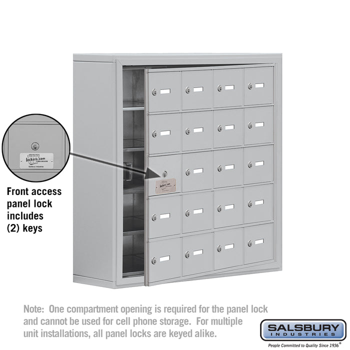 Salsbury Surface Mounted Cell Phone Storage Locker with 20 A Doors (19 usable) in Aluminum - Keyed Locks - Sweatfully