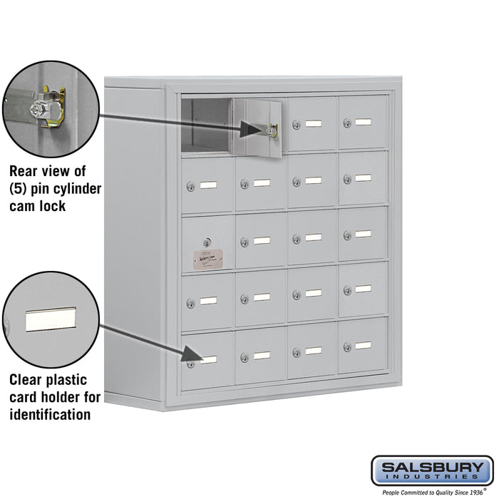 Salsbury Surface Mounted Cell Phone Storage Locker with 20 A Doors (19 usable) in Aluminum - Keyed Locks - Sweatfully