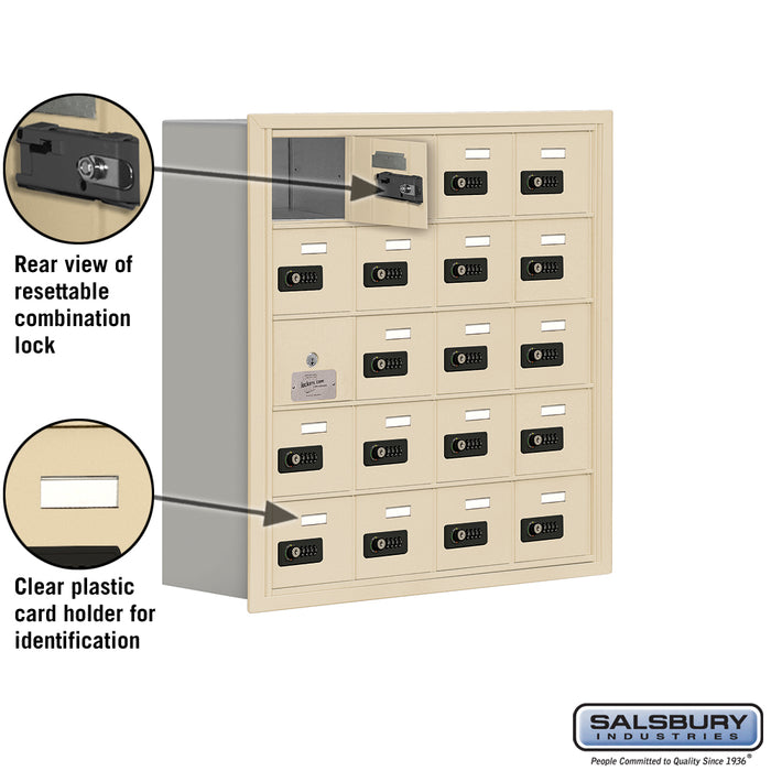 Salsbury Recessed Mounted Cell Phone Storage Locker with 20 A Doors (19 usable) in Sandstone - Resettable Combination Locks - Sweatfully