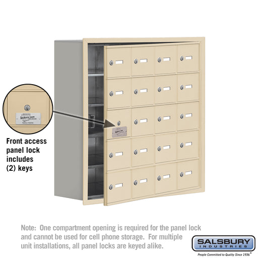 Salsbury Recessed Mounted Cell Phone Storage Locker with 20 A Doors (19 usable) in Sandstone - Keyed Locks - Sweatfully