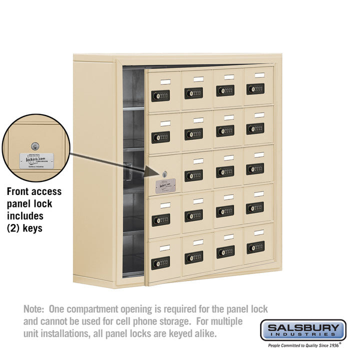 Salsbury Surface Mounted Cell Phone Storage Locker with 20 A Doors (19 usable) in Sandstone - Resettable Combination Locks - Sweatfully