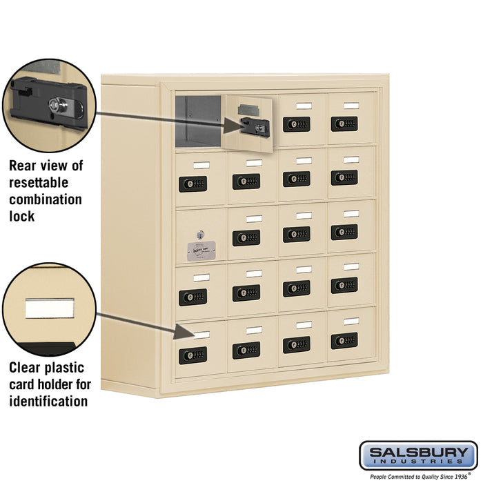 Salsbury Surface Mounted Cell Phone Storage Locker with 20 A Doors (19 usable) in Sandstone - Resettable Combination Locks - Sweatfully