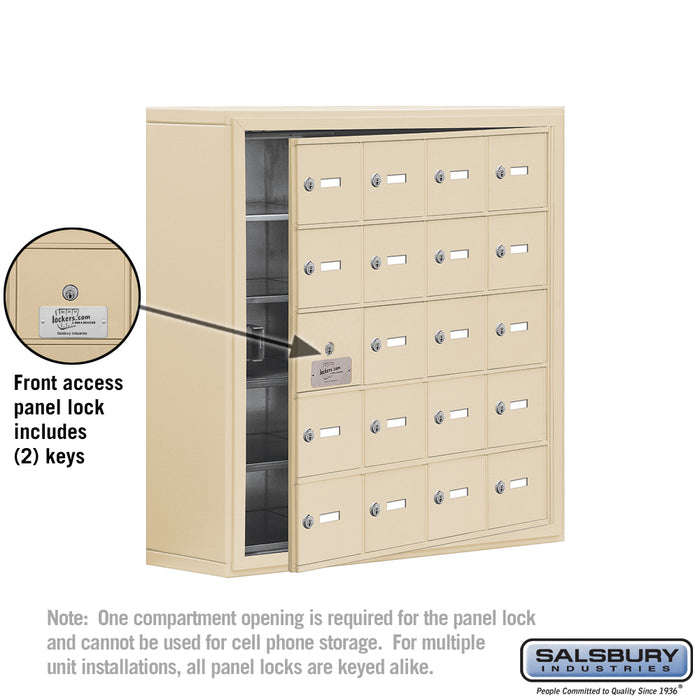 Salsbury Surface Mounted Cell Phone Storage Locker with 20 A Doors (19 usable) in Sandstone - Keyed Locks - Sweatfully