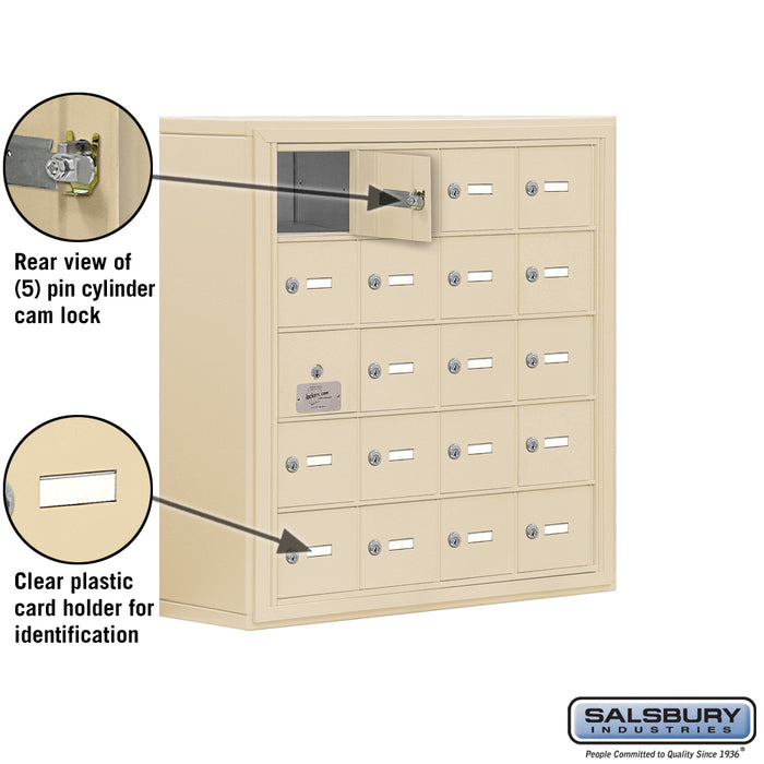 Salsbury Surface Mounted Cell Phone Storage Locker with 20 A Doors (19 usable) in Sandstone - Keyed Locks - Sweatfully