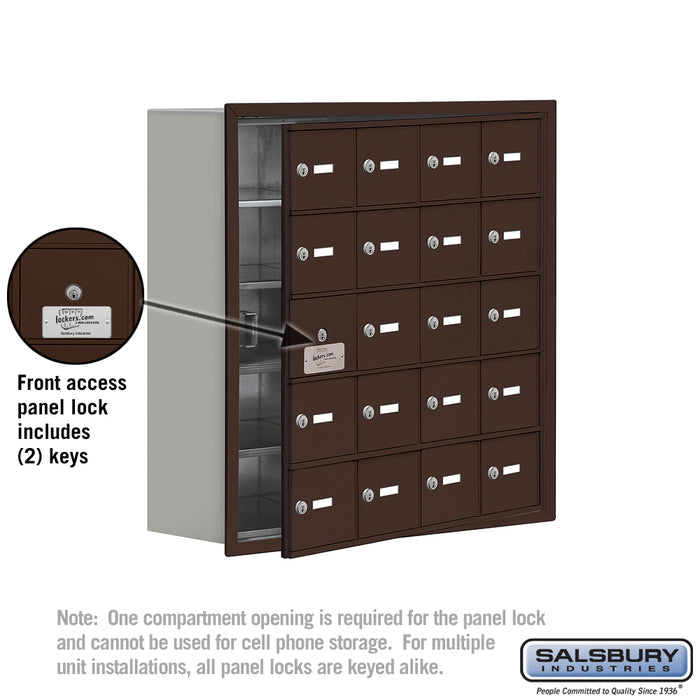 Salsbury Recessed Mounted Cell Phone Storage Locker with 20 A Doors (19 usable) in Bronze - Keyed Locks - Sweatfully