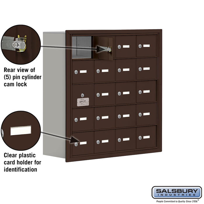 Salsbury Recessed Mounted Cell Phone Storage Locker with 20 A Doors (19 usable) in Bronze - Keyed Locks - Sweatfully