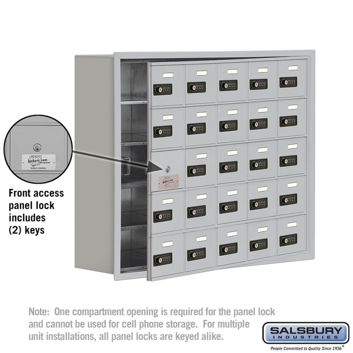 Salsbury Recessed Mounted Cell Phone Storage Locker with 25 A Doors (24 usable) in Aluminum - Resettable Combination Locks - Sweatfully