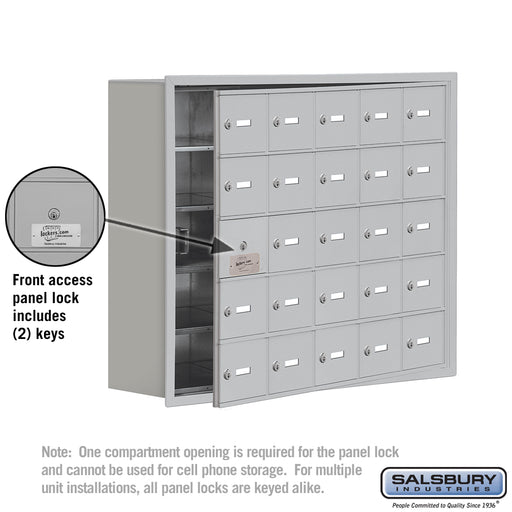 Salsbury Recessed Mounted Cell Phone Storage Locker with 25 A Doors (24 usable) in Aluminum - Keyed Locks - Sweatfully
