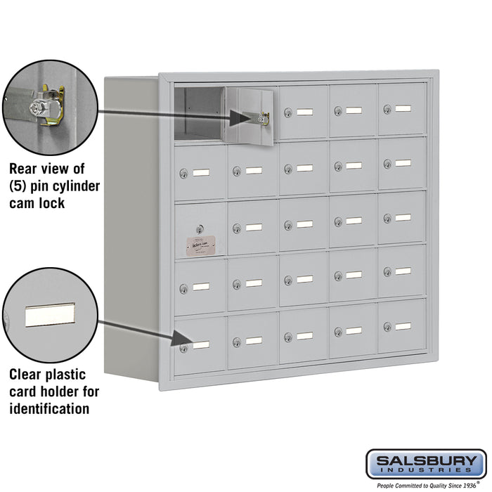 Salsbury Recessed Mounted Cell Phone Storage Locker with 25 A Doors (24 usable) in Aluminum - Keyed Locks - Sweatfully