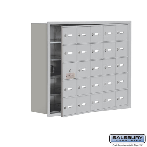 Salsbury Recessed Mounted Cell Phone Storage Locker with 25 A Doors (24 usable) in Aluminum - Keyed Locks - Sweatfully