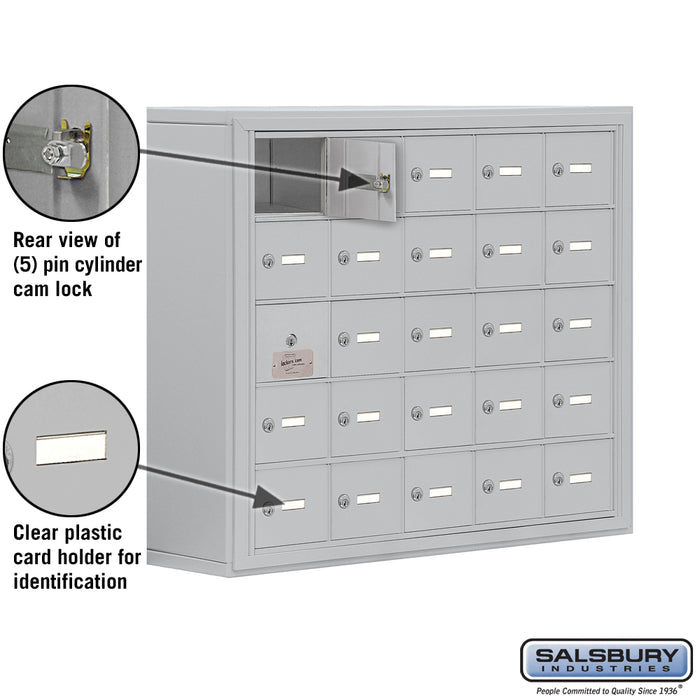 Salsbury Surface Mounted Cell Phone Storage Locker with 25 A Doors (24 usable) in Aluminum - Keyed Locks - Sweatfully