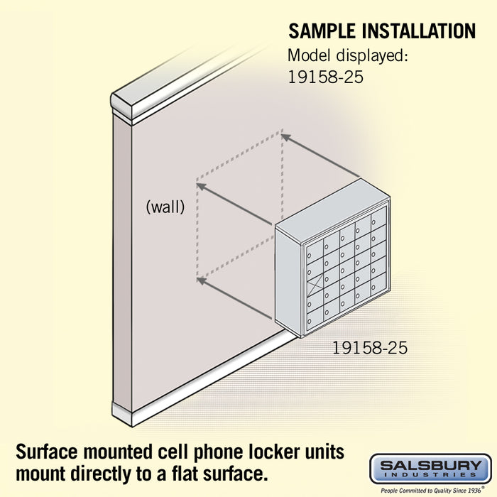 Salsbury Surface Mounted Cell Phone Storage Locker with 25 A Doors (24 usable) in Aluminum - Keyed Locks - Sweatfully