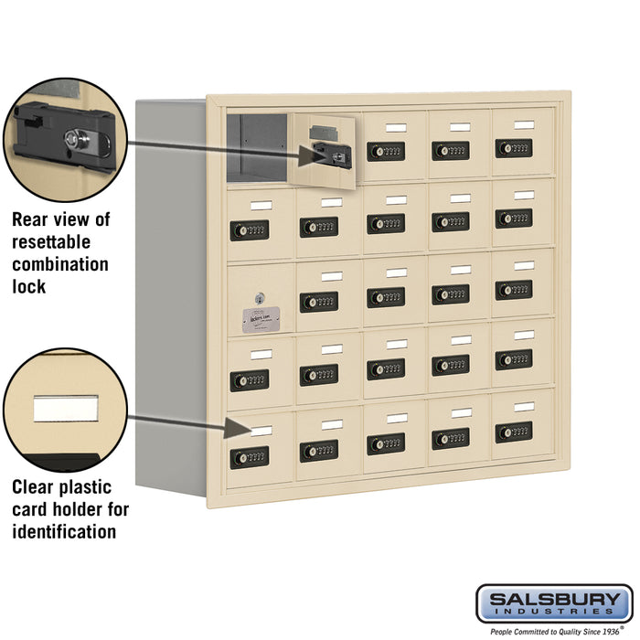 Salsbury Recessed Mounted Cell Phone Storage Locker with 25 A Doors (24 usable) in Sandstone - Resettable Combination Locks - Sweatfully
