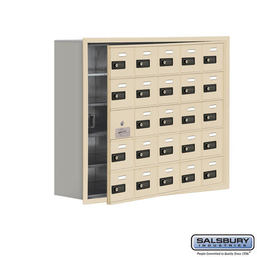 Salsbury Recessed Mounted Cell Phone Storage Locker with 25 A Doors (24 usable) in Sandstone - Resettable Combination Locks - Sweatfully
