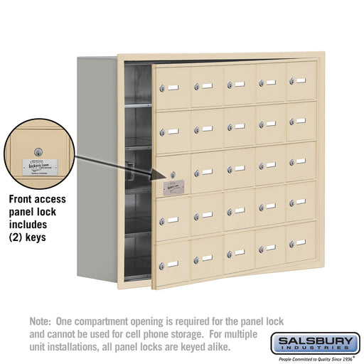 Salsbury Recessed Mounted Cell Phone Storage Locker with 25 A Doors (24 usable) in Sandstone - Keyed Locks - Sweatfully
