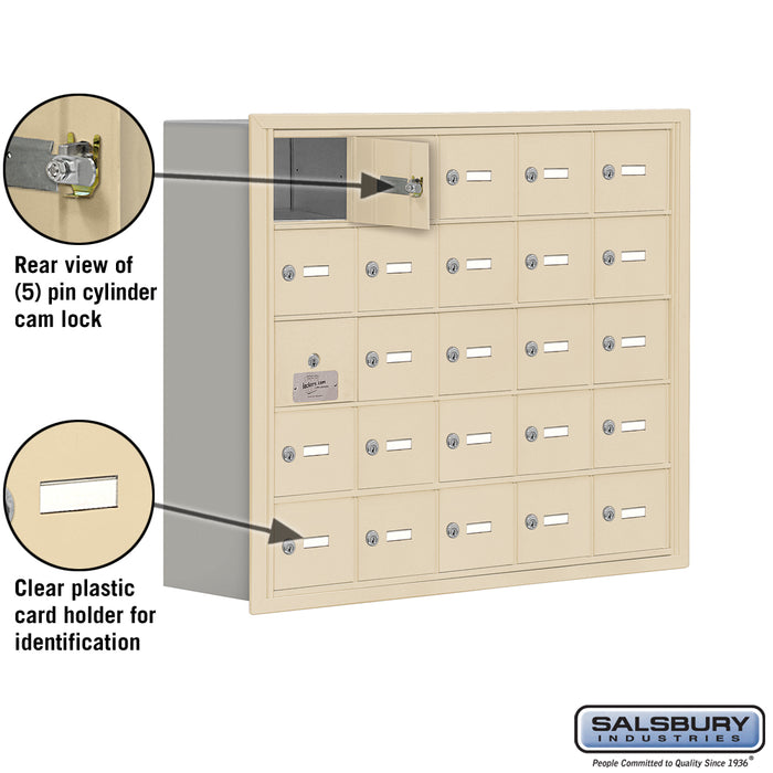 Salsbury Recessed Mounted Cell Phone Storage Locker with 25 A Doors (24 usable) in Sandstone - Keyed Locks - Sweatfully
