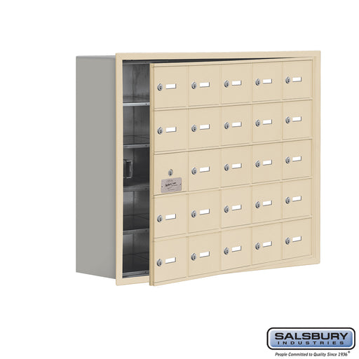 Salsbury Recessed Mounted Cell Phone Storage Locker with 25 A Doors (24 usable) in Sandstone - Keyed Locks - Sweatfully