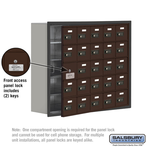 Salsbury Recessed Mounted Cell Phone Storage Locker with 25 A Doors (24 usable) in Bronze - Resettable Combination Locks - Sweatfully