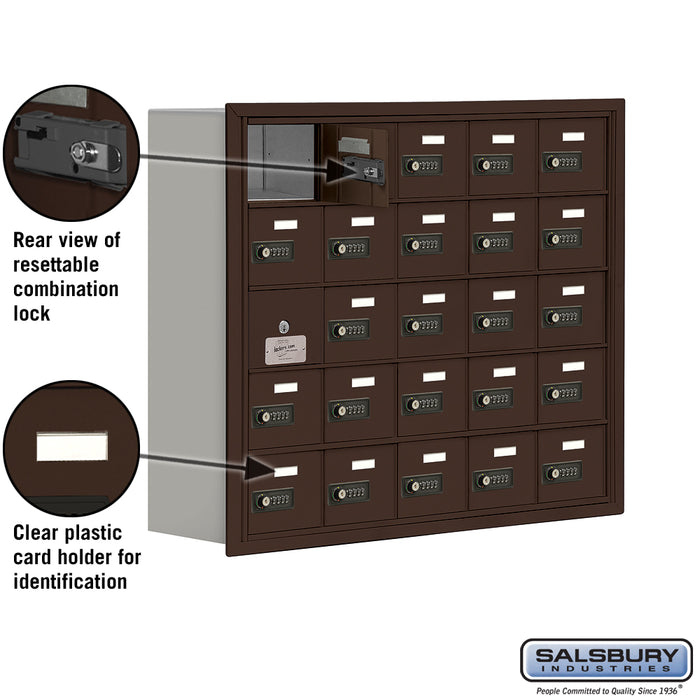 Salsbury Recessed Mounted Cell Phone Storage Locker with 25 A Doors (24 usable) in Bronze - Resettable Combination Locks - Sweatfully