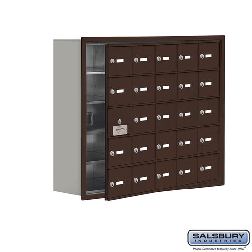 Salsbury Recessed Mounted Cell Phone Storage Locker with 25 A Doors (24 usable) in Bronze - Keyed Locks - Sweatfully
