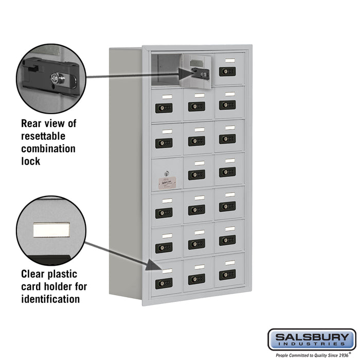 Salsbury Recessed Mounted Cell Phone Storage Locker with 21 A Doors (20 usable) in Aluminum - Resettable Combination Locks - Sweatfully